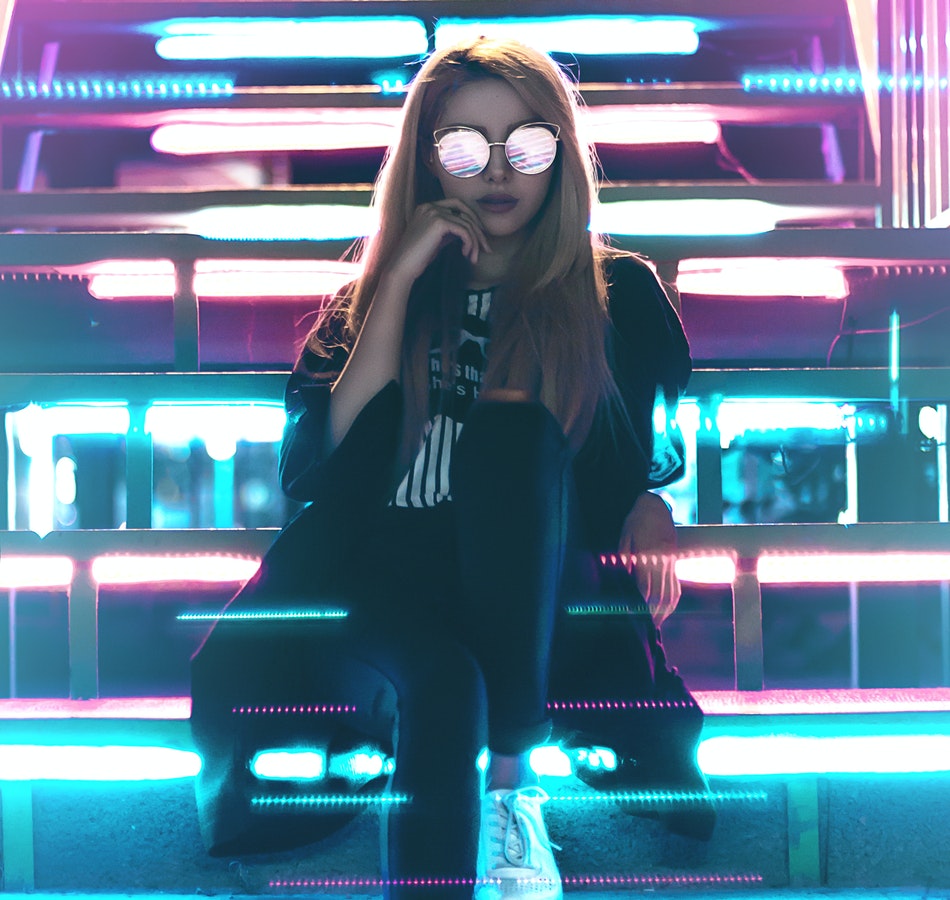 Portrait with colorful neon lights